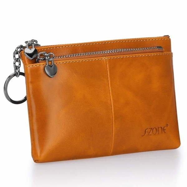 S-ZONE Womens Genuine Leather Mini Wallet Change Coin Purse Card Holder with Key Ring 