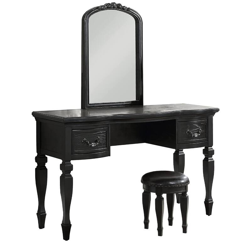 3 Piece Vanity Set with Carved Mirror and Turned Legs, Black