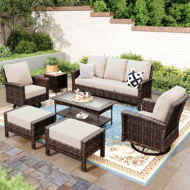 MAISON ARTS 7-Piece Extra-Large Patio Wicker Sofa Conversation Set with Table, Oversize Seat with 5.5'' Thick Padded Cushion - 5Seats +2Ottoman + 47''Table + 17''Table - Beige