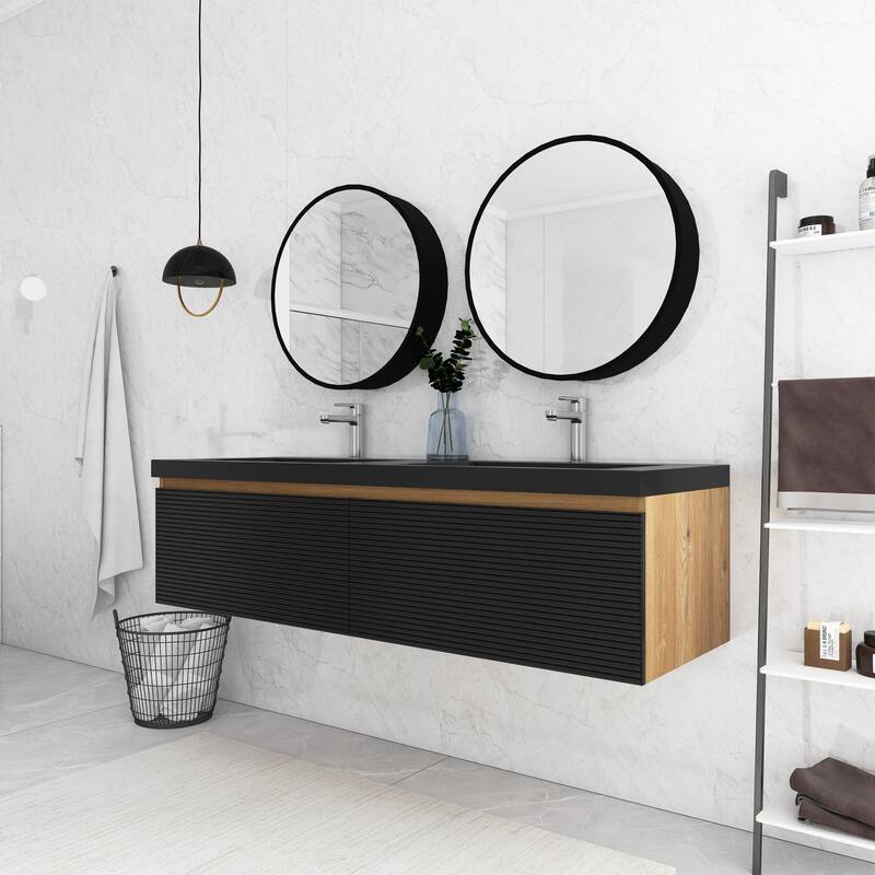 Floating Bathroom Vanity in Natural Oak with Integrated Resin Top