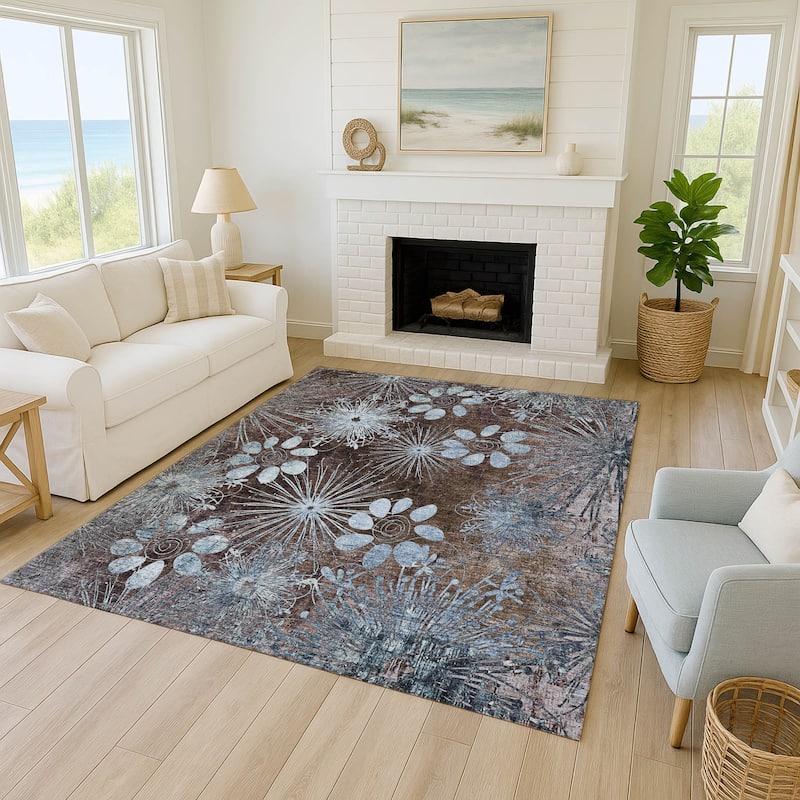 Machine Washable Indoor/ Outdoor Floral Geo Chantille Rug