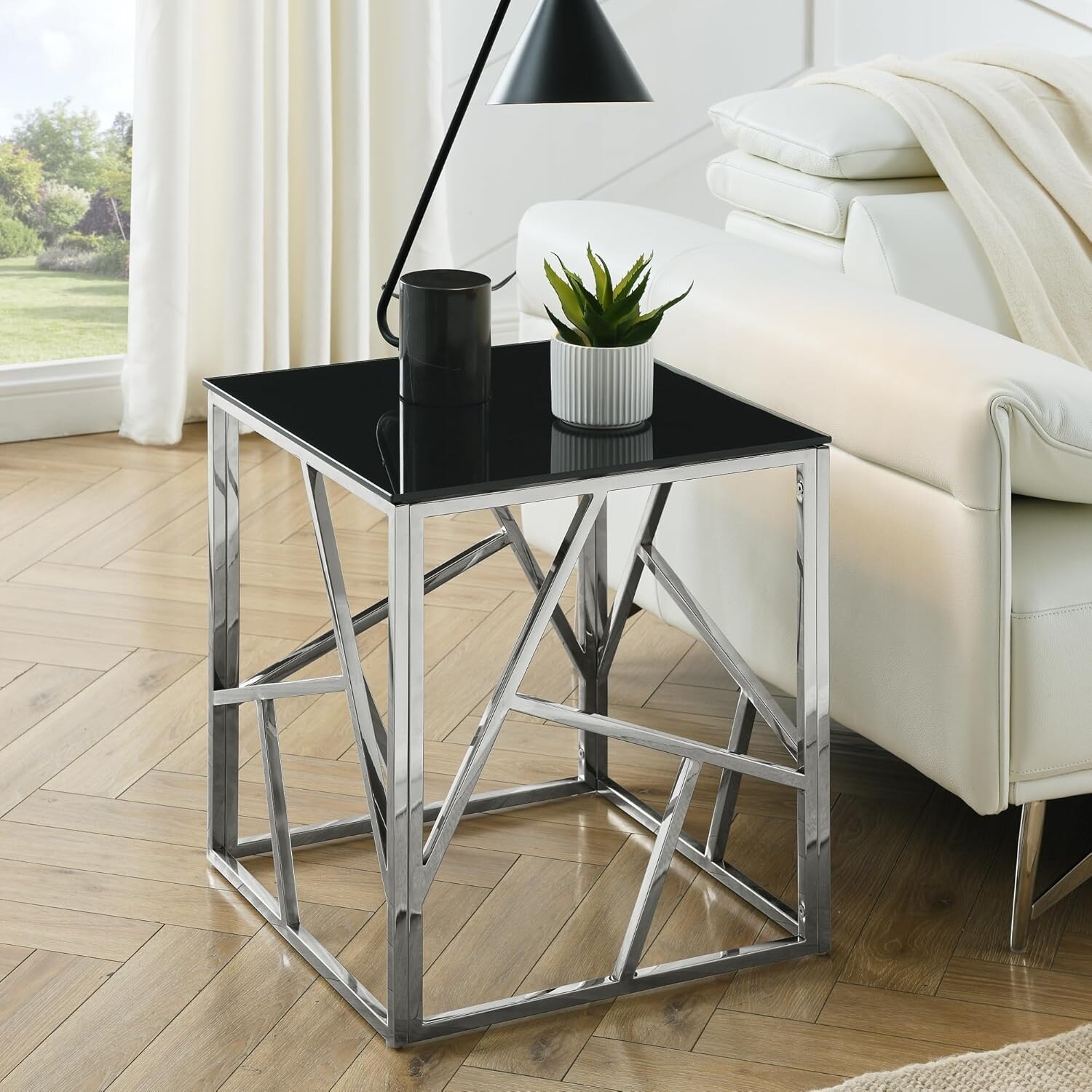 20inch Modern Square Glass End Table with Geometric Stainless Steel Frame for Living Room, Bedroom, or Small Spaces