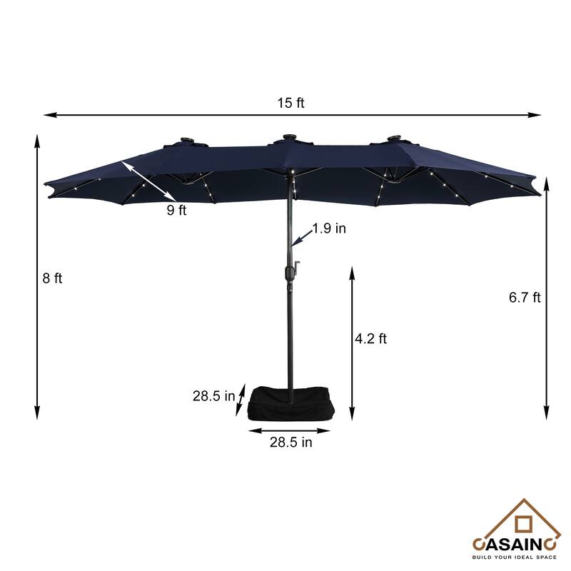 15-ft. Rectangular Crank Double-sided Outdoor Market Umbrella Solar LED Lighted Patio Umbrella with Base Included