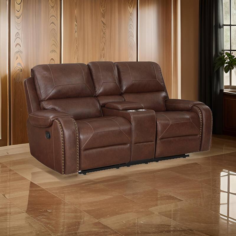 Dean 76 Inch Dual Manual Recliner Loveseat, Cupholders, Brown Faux Leather
