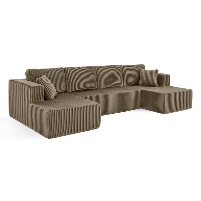 U Shape Modular Sectional Sofa with Dual Chaise Lounges, Corduroy Upholstered Sleeper Sofa, Comfy Compressed Sectional Sofa