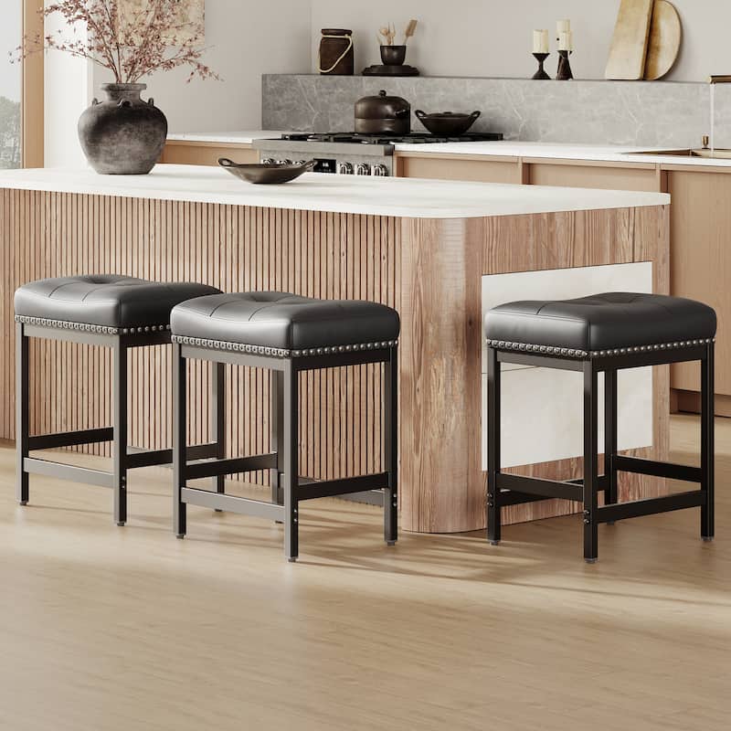 RENEWLINE 24.4" Backless Bar Stools Set of 2 - PU Leather Counter Height - Kitchen Island & Bar