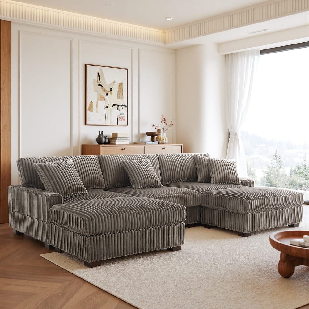 Mia 114" W Oversize Plush Corduroy Modular Sectional Sofa With Ottoman - 114" W