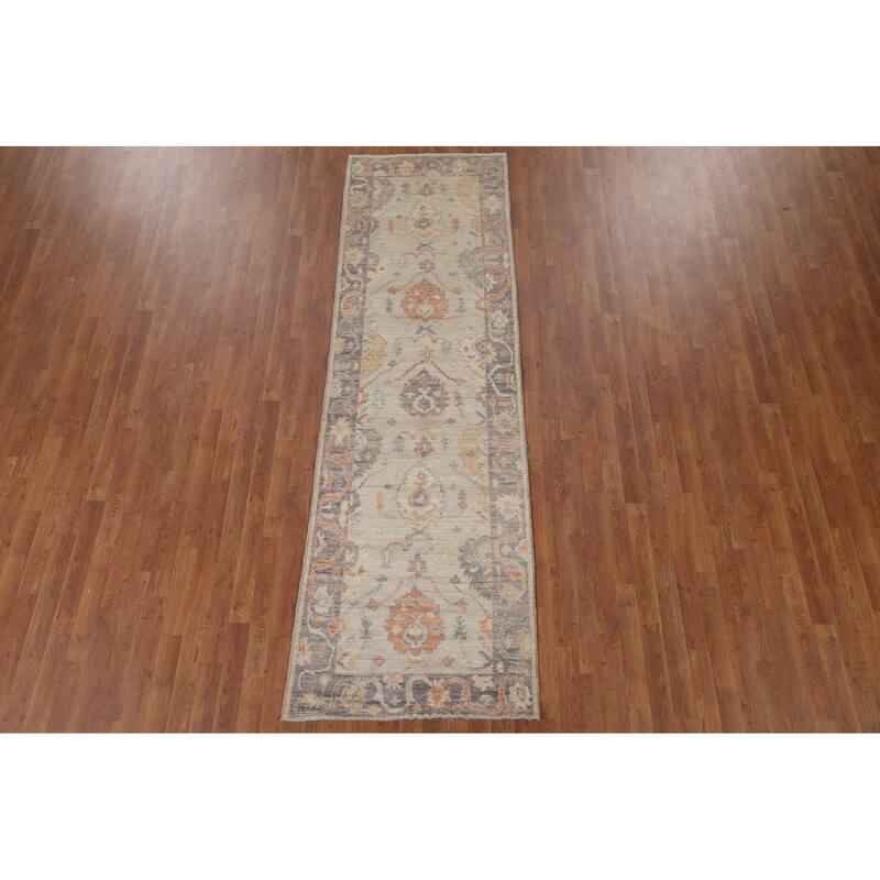 Hand Knotted Oriental 100% Wool Carpet Transitional All-Over Beige & Ivories Oushak Runner Rug - 9' 8'' X 2' 11''