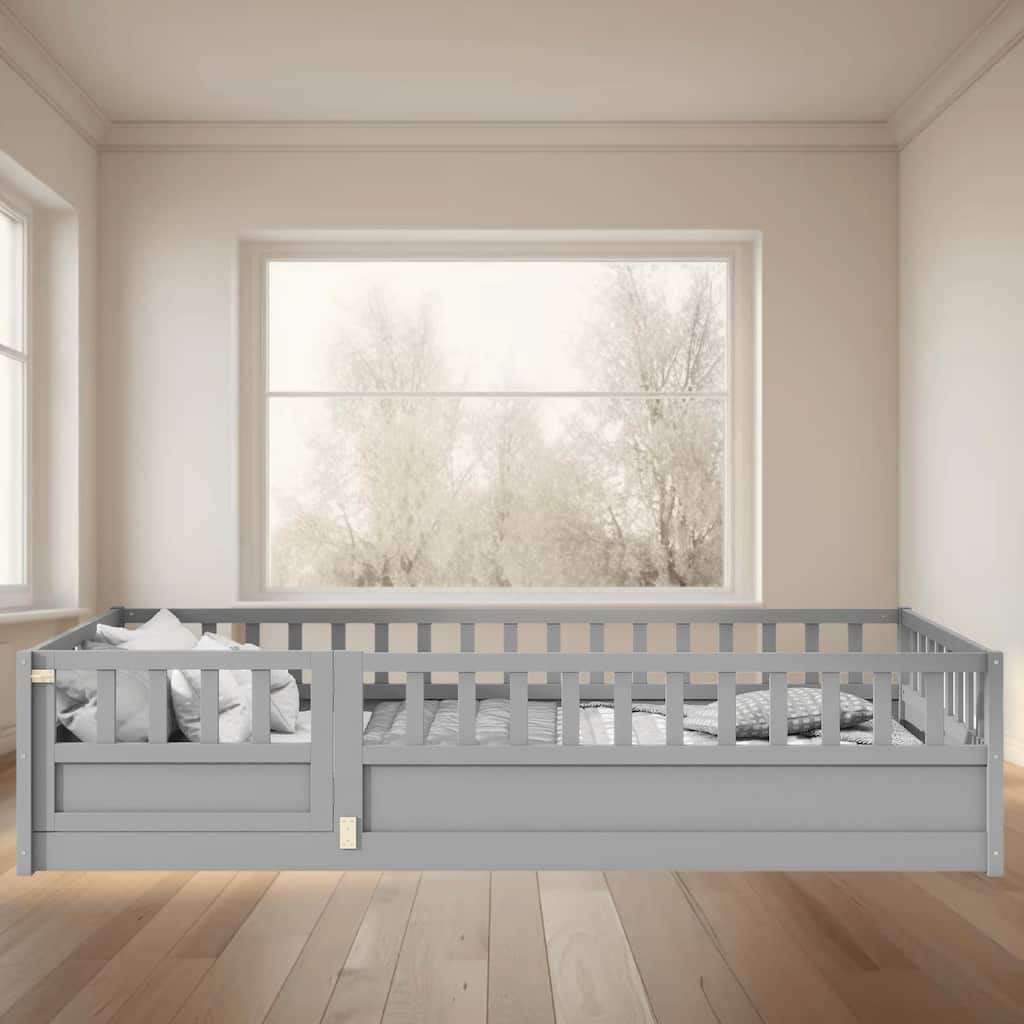 Twin Size Floor Bed Frame with High Security Fence, Pine Wooden Bed Frame, Safe and Stylish for Kids, Children Floor Bed