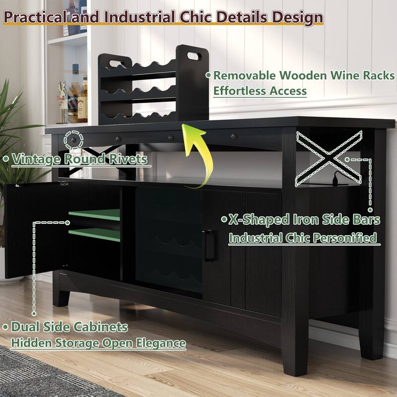 Farmhouse 47" Wine Bar Cabinet with Power Outlets & LED Lights, Industrial Coffee Bar Liquor Cabinet with Shelves & Wine Rack