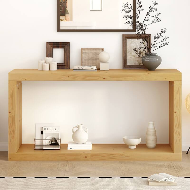 59.6" Entryway Table with Storage Shelf, Square Frame - Natural