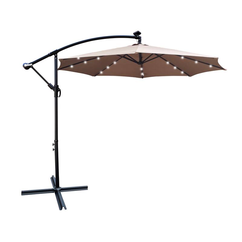 10 ft Solar Powered LED Patio Umbrella with Crank, Tilt, and Cross Base for Outdoor Pool and Garden Shade