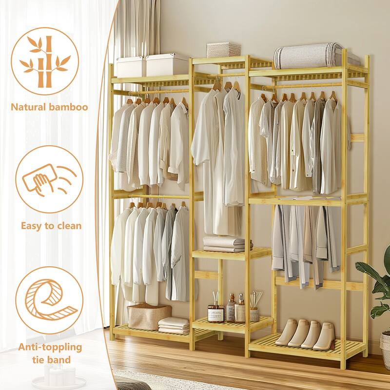 Large Bamboo Clothing Garment Rack Multi-tiered Wardrobe