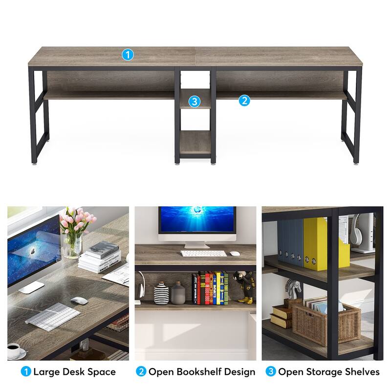 78.7" Two Person Desk with Bookshelf, Office Double Desk for Two Person