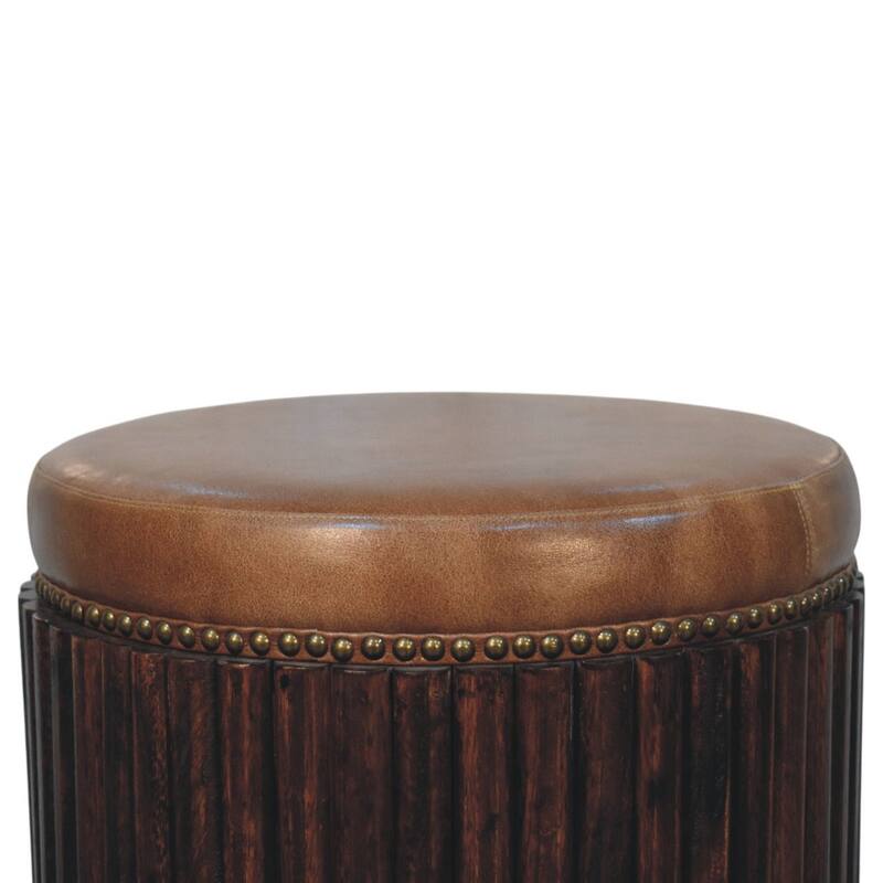 Artisan Furniture Solid Wood Ribbed Leather Accent Stool ,Brown