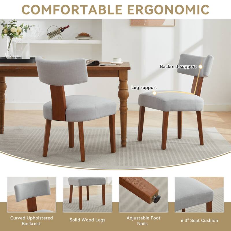 Set of 2 Linen Fabric Modern Armless Dining Chairs With Curved backrest and Solid Wooden Legs for Dining Room Living Room ,Gray
