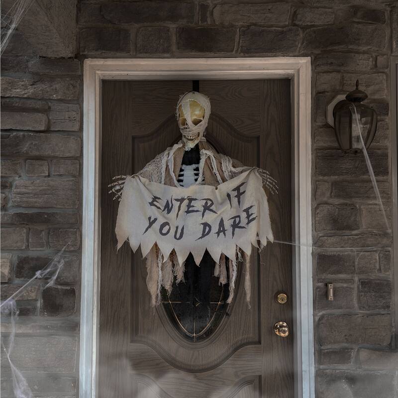 Haunted Hill Farm Danger McRibsey the Animatronic Skeleton Mummy Greeter with Banner for Halloween Decoration
