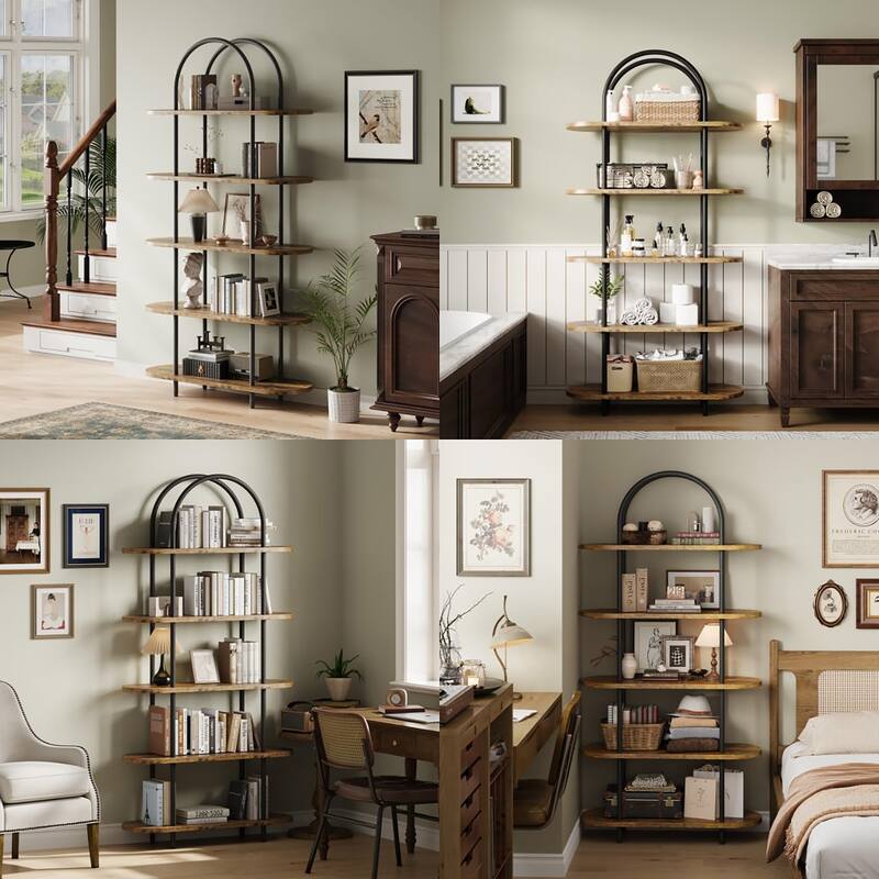 71" Bookshelf 5 Tier Bookcase Arched Display Racks Tall Bookshelf Freestanding Open Storage Shelf