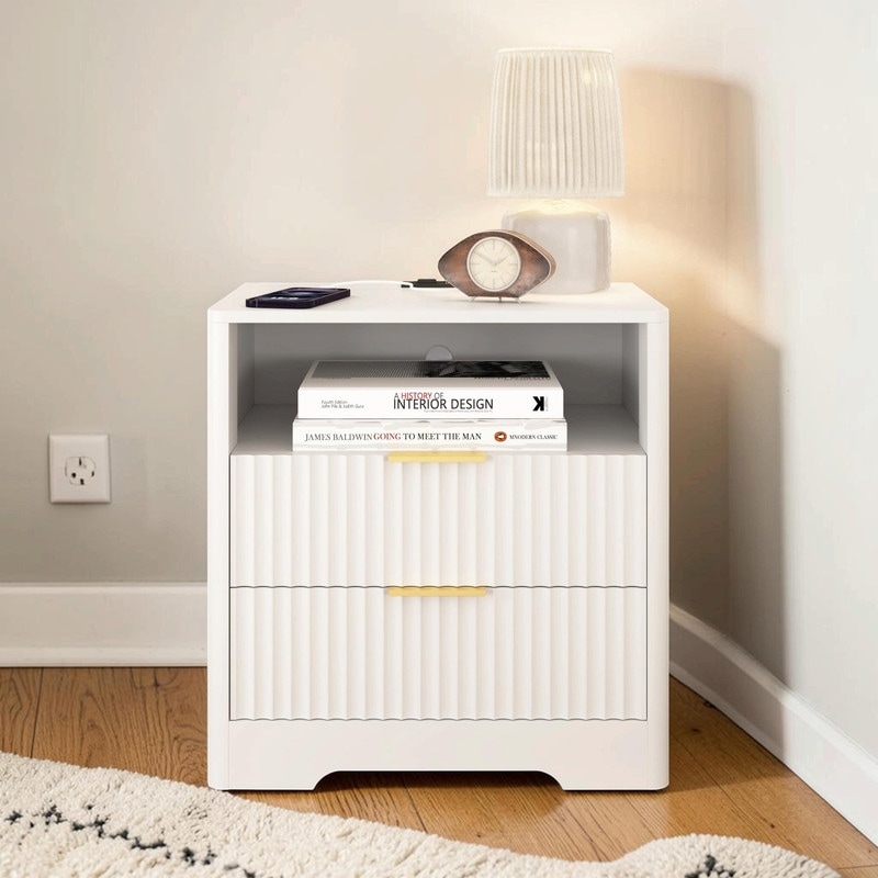 Smart Nightstand with Charging Station & Night Light, Bedside Table with Storage Cabinet