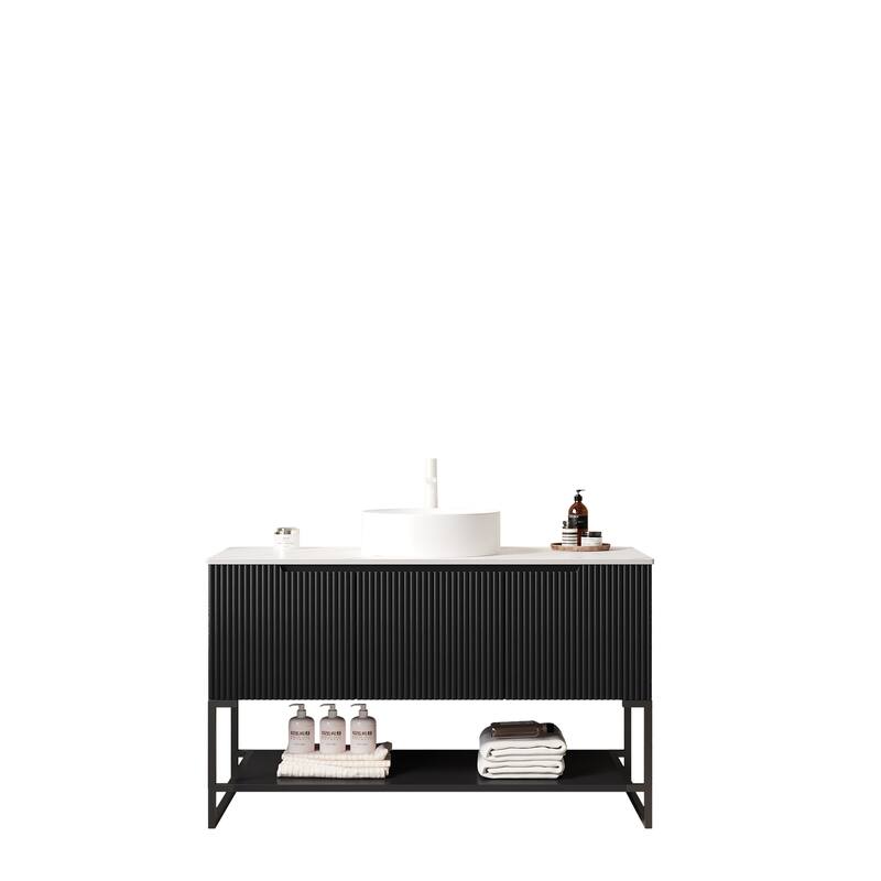 Bathroom Vanity with Round Ceramic Basin and Artificial Marble Countertop, Freestanding 3 Doors Storage Cabinet with Open Shelf