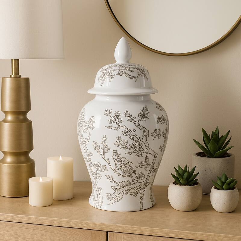 Decorative Ceramic Cherry Blossom Temple Jar with Lid - White & Brown