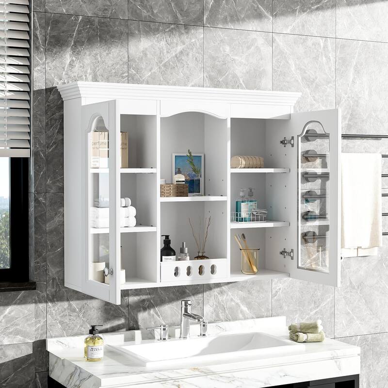 Anmytek White Wall Mounted Bathroom Cabinet with 2 Glass Doors Storage
