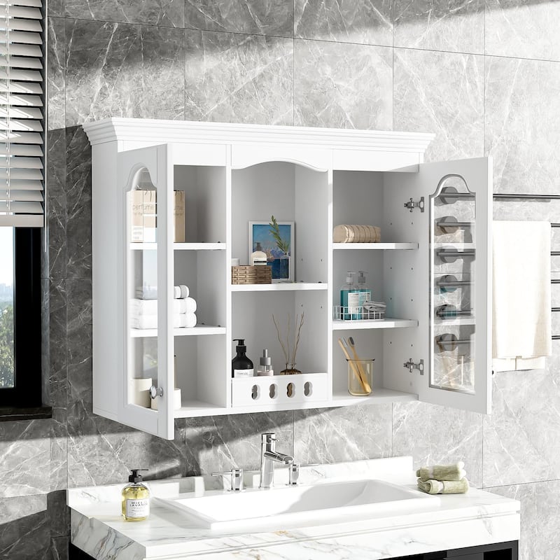 Wall-Mounted Medicine Cabinet With 2 Glass Doors, Designed As An Over-The-Toilet Space Saver. - 35.27''W x 28''H x 7.83''D