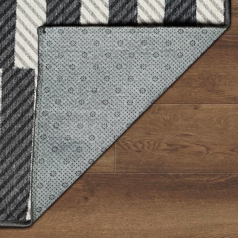 My Magic Carpet Tratti Offset Stripe Black Cream Machine Washable Rug