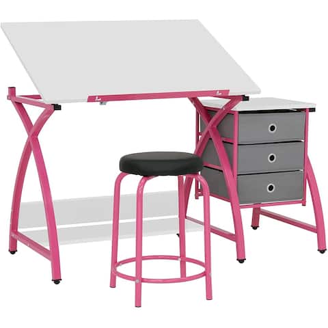 Offex 2 Pc Venus Craft Table with Angle Adjustable Top & Stool - Pink