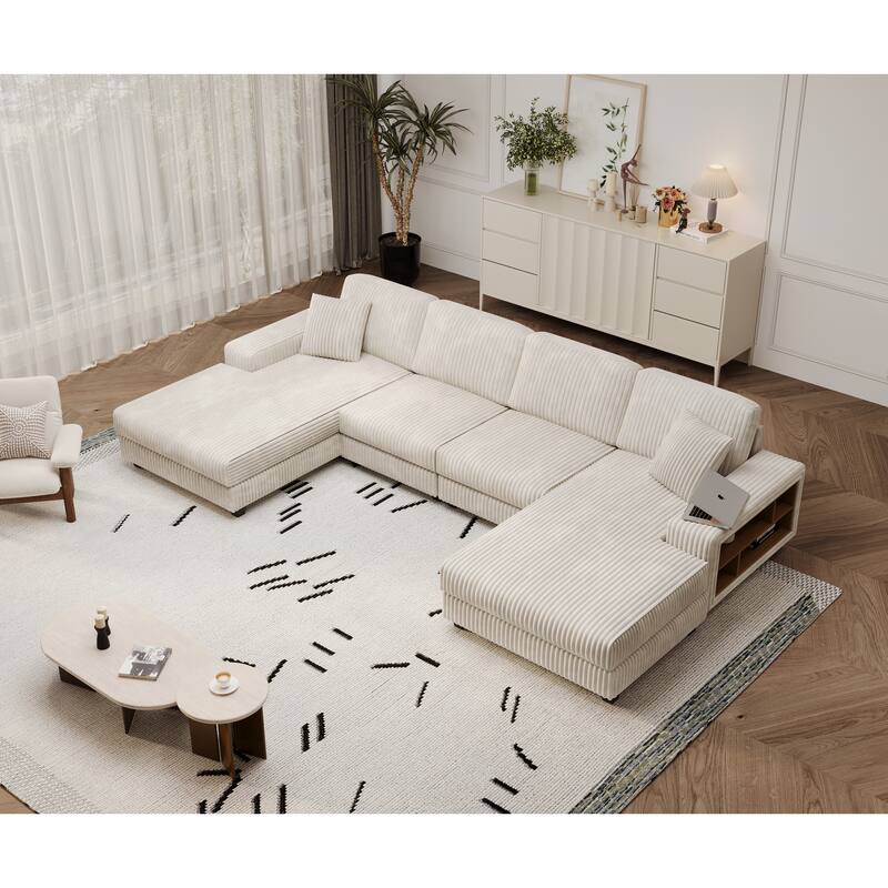 Modular Sectional Sofa with Dual Chaise Lounges, Corduroy Cloud Sofa with Armrest Storage Rack, Convertible 4-Seat Sleeper Sofa