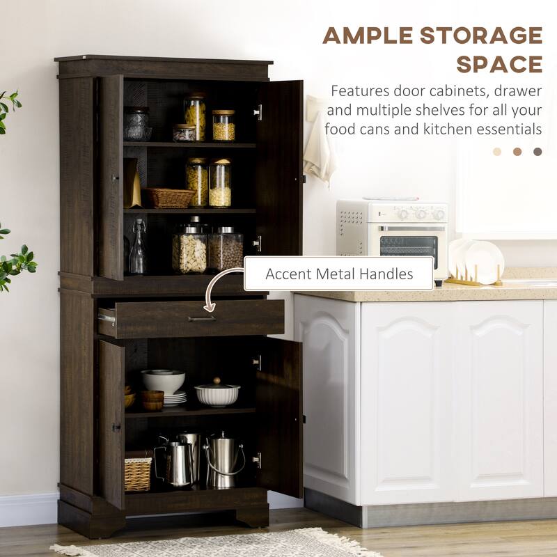 HOMCOM 72" Farmhouse Kitchen Pantry, 4-Door Rustic Storage Cabinet with Drawer and 3 Shelves, Walnut