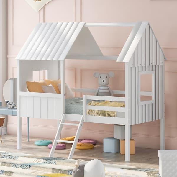 slide 2 of 11, Twin Size Low Loft Bed with with Two Side Windows, House-shaped Bed with Ladder, Pine Wooden Bed with Guardrail, White White