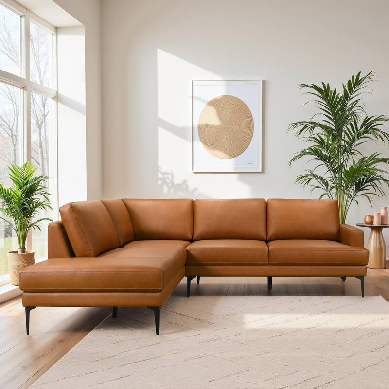 Alden Spacious L-Shaped Sectional Sofa in Cognac - Cognac PU Leather
