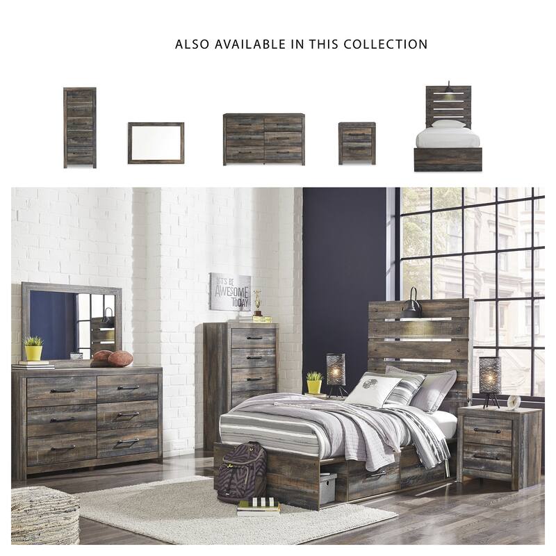 Drystan Rustic Brown Panel Bed with 2 Under Bed Storage Drawers
