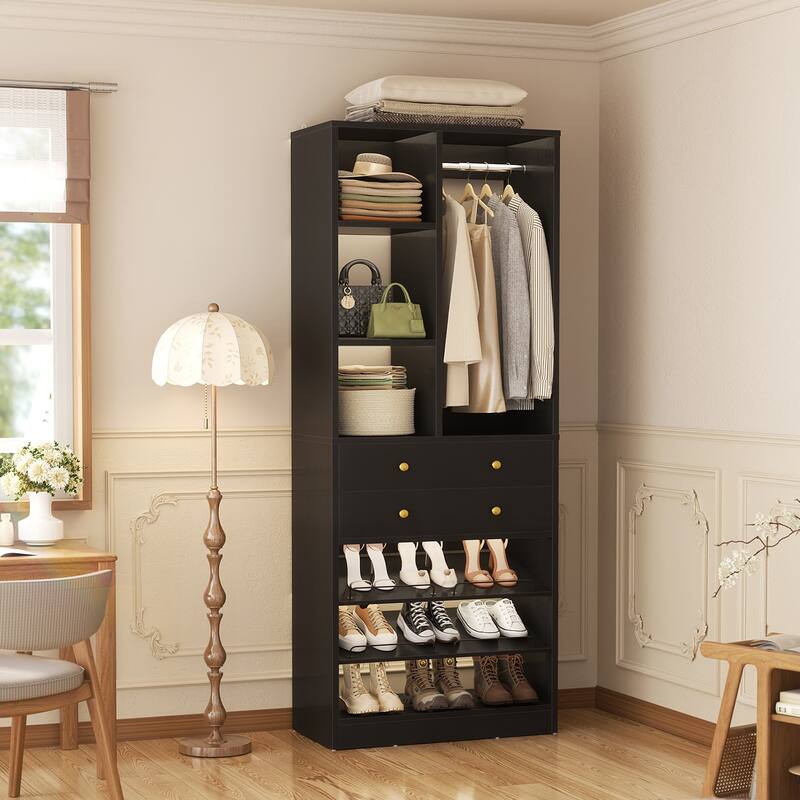 27.7'' Closet Organizer with Shoe Racks and Drawers, Closet System with Hanging Rod and Adjustable Shelves