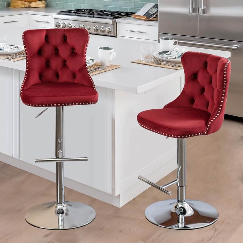Velvet Upholstered Nailheads Tufted Swivel Bar Stools (Set of 2)