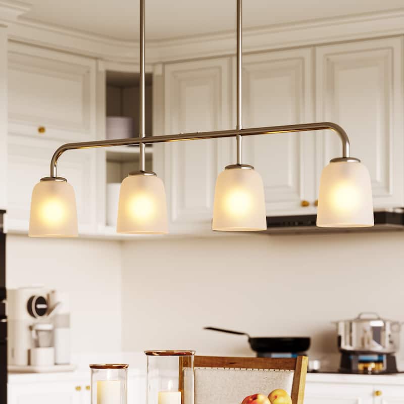 Metal Linear 4-Light Kitchen Island Pendant with Frosted White Glass Shades - White