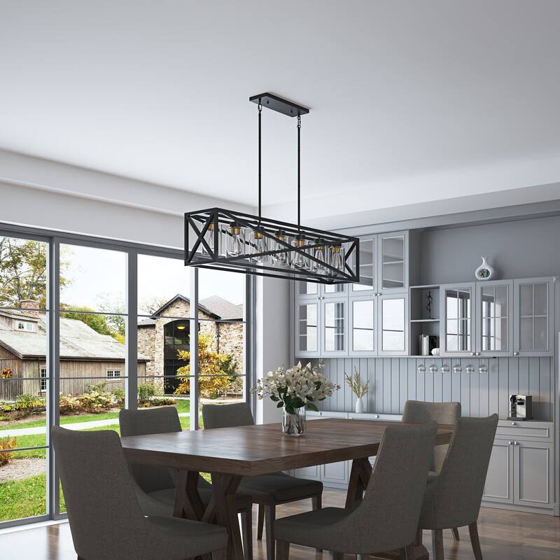 Industrial Black 7-Light Durable Rectangular Iron Frame Kitchen Island Chandelier