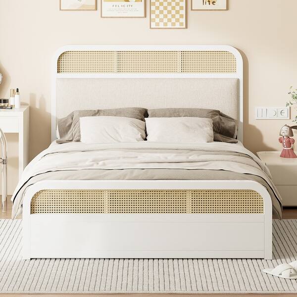 slide 2 of 10, Queen Size Platform Bed with Trundle, Pine Wooden Bed with 2 Drawers, Kid's Bed with Rattan Headboard, White White