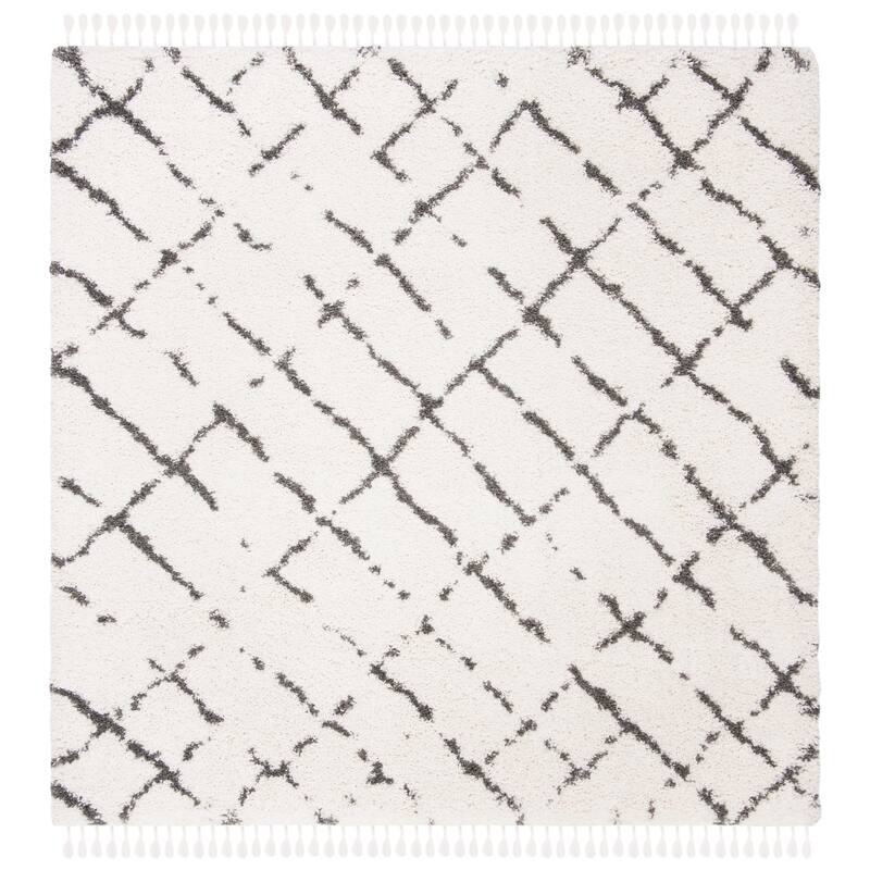 SAFAVIEH Moroccan Fringe Shag Oleta 2-inch Thick Rug - 6'7" Square - Ivory/Grey