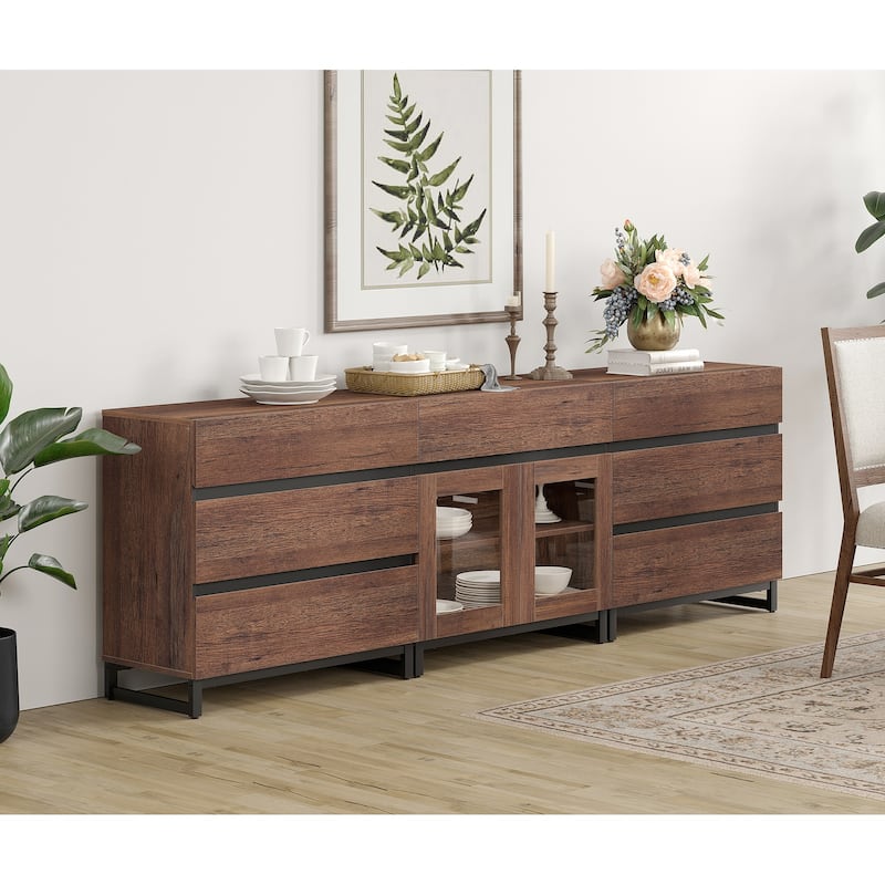 WAMPAT 3 in 1 Sideboard Buffet Cabinets with Glass Doors and 7 Drawers, Coffee Bar Cabinet Storage Cabinet for Kitchen - 94.5 inches - Brown