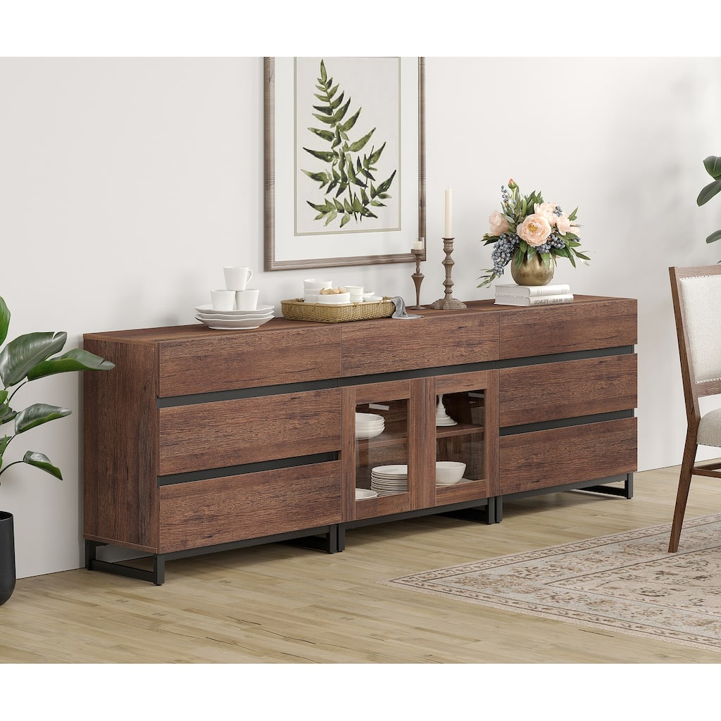 WAMPAT 3 in 1 Sideboard Buffet Cabinets with Glass Doors and 7 Drawers, Coffee Bar Cabinet Storage Cabinet for Kitchen