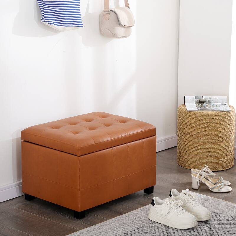 Adeco 24'' Faux Leather Storage Ottoman Bench with Tufted Top