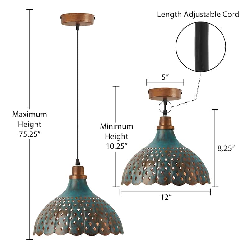 Odetta River of Goods Faux Blue Patina Metal Adjustable Drop Height 12-Inch Hanging Pendant Light with Punched Holes