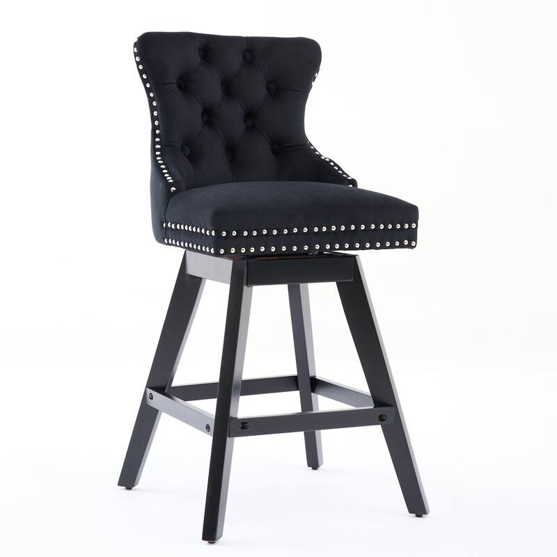 Swivel Bar Stools Set of 2, Velvet Counter Height Barstools with Wooden Legs, Kitchen Island Chairs with Button Backrest