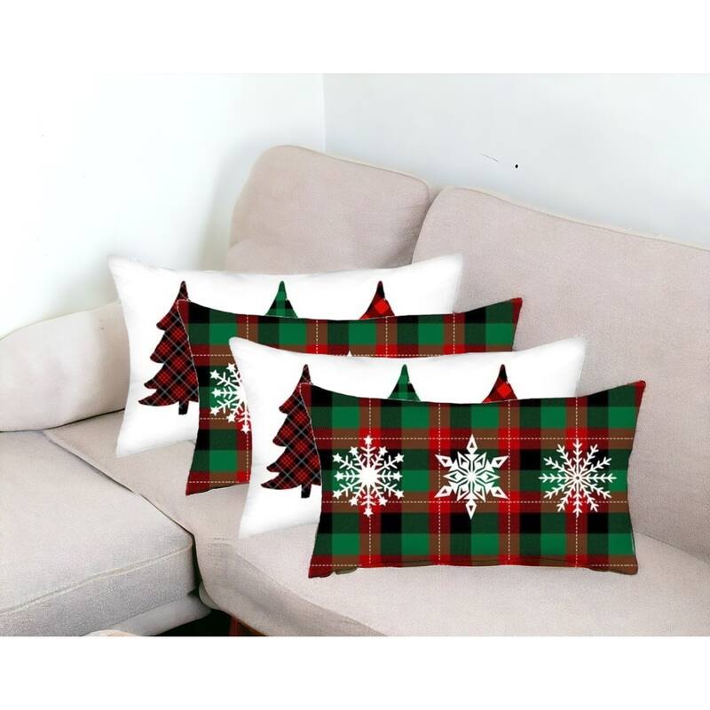 HomeRoots Set of 2 Christmas Plaid Lumbar Decorative Pillow Covers