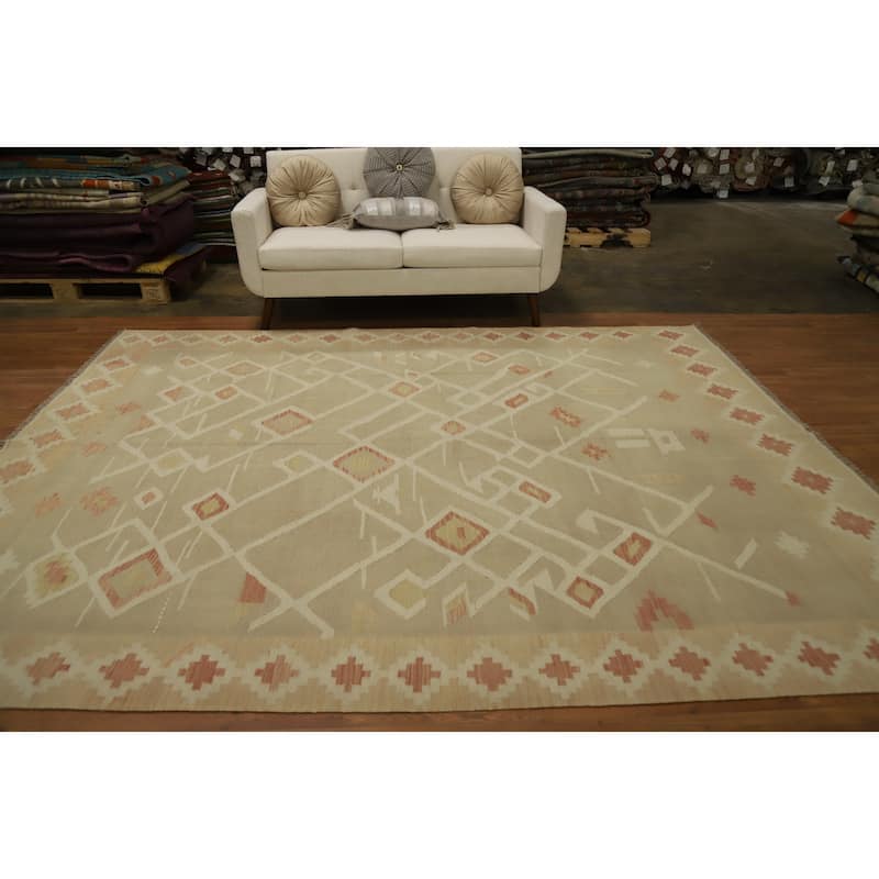Hand Woven Oriental 100% Wool Carpet Southwestern Tribal Beige & Ivories Kilim Area Rug - 9' 10'' X 8' 0''