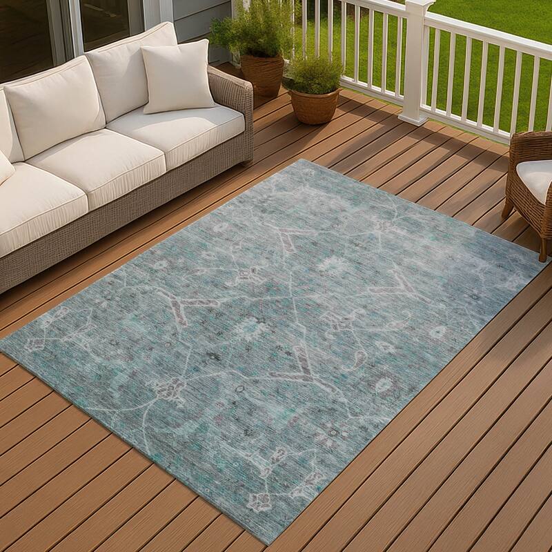 Machine Washable Indoor/ Outdoor Vintage Traditional Chantille Rug - Teal - 8' x 10'