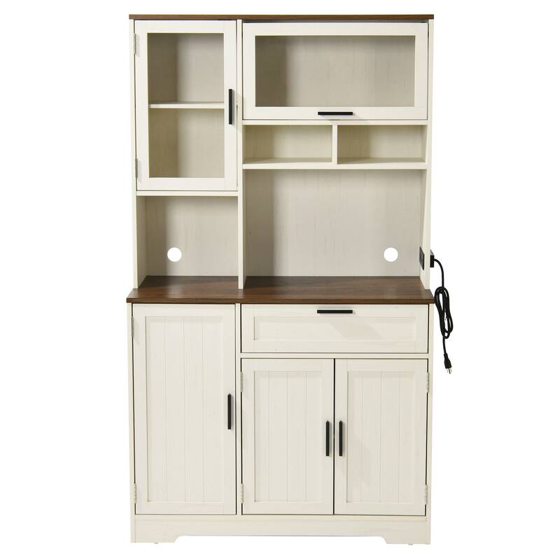 Moasis Farmhouse Kitchen Food Pantry Cabinet Kitchen Storage Cabinet with Adjustable Shelve And Built-In Charge Station