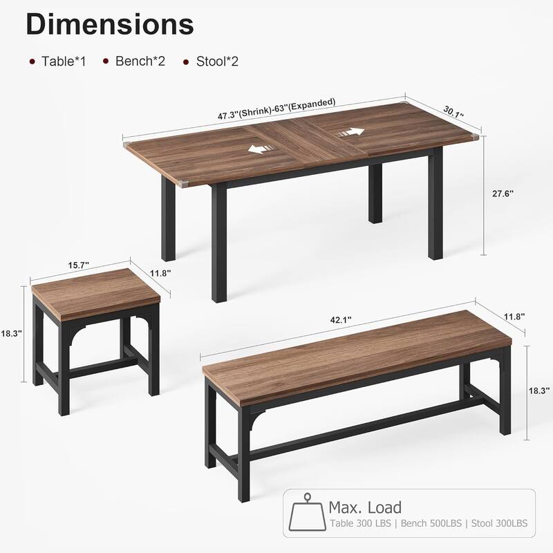 43.7in-63in Extendable Dining Table Set with 2 Benches and 2 Stools